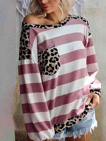 Striped Leopard Long Sleeves Top | 1mrk.com