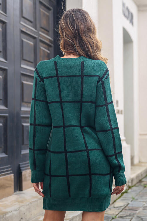 Plaid Round Neck Long Sleeve Sweater Dress | 1mrk.com