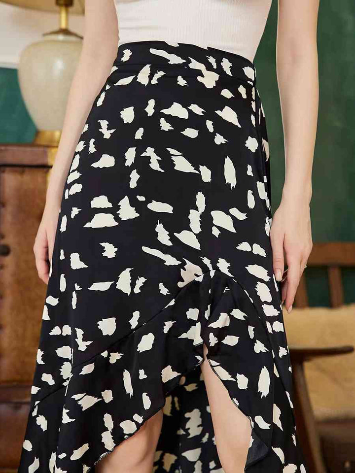 Printed Ruffled Front Slit Skirt |1mrk.com