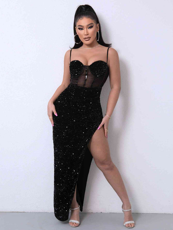 Sequin Spliced Mesh Adjustable Strap Dress | 1mrk.com