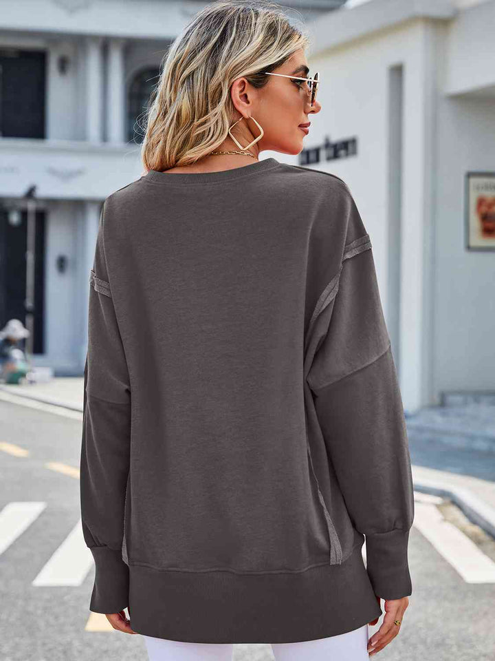 Exposed Seam High-Low Round Neck Sweatshirt |1mrk.com