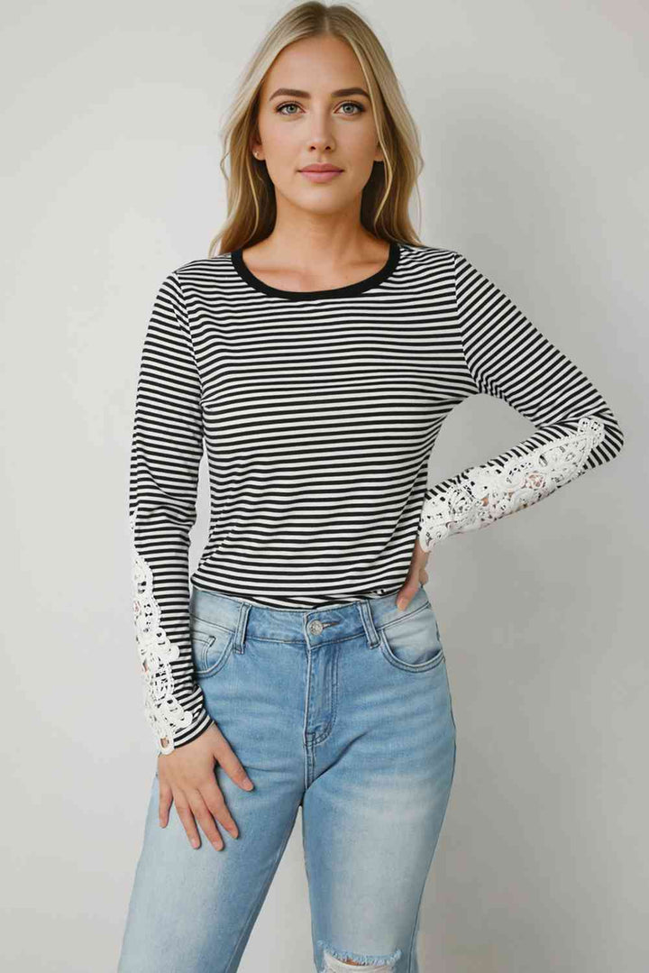 Striped Round Neck Long Sleeve Lace Trim T-Shirt | 1mrk.com