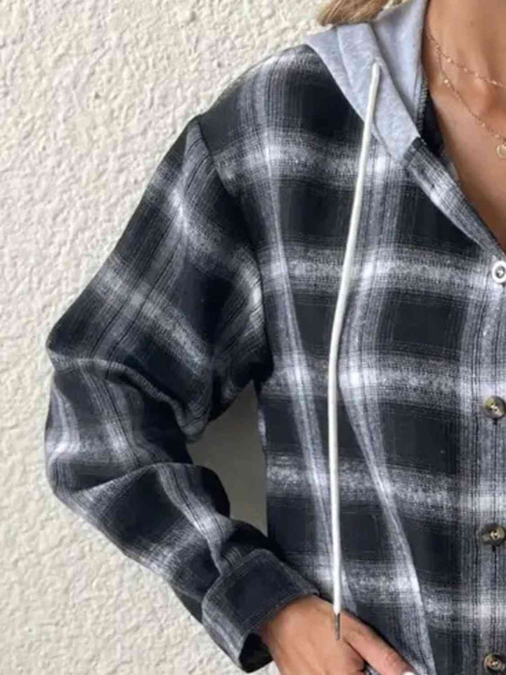 Plaid Drawstring Button Up Hooded Jacket |1mrk.com