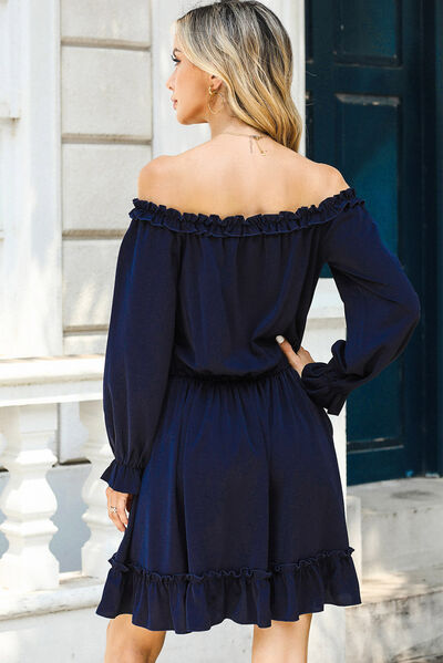 Frill Off-Shoulder Flounce Sleeve Dress |1mrk.com