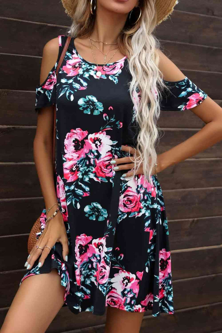 Floral Round Neck Cold-Shoulder Dress |1mrk.com