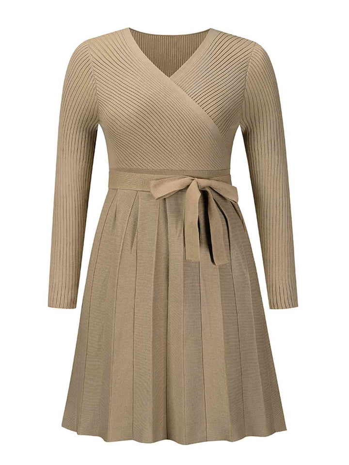 Surplice Neck Tie Front Pleated Sweater Dress | 1mrk.com