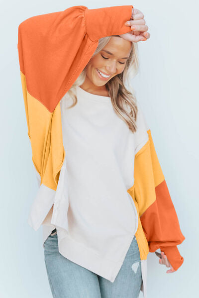 Color Block Exposed Seam Lantern Sleeve Sweatshirt | 1mrk.com