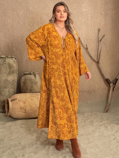 Plus Size Printed Slit Long Sleeve Dress |1mrk.com