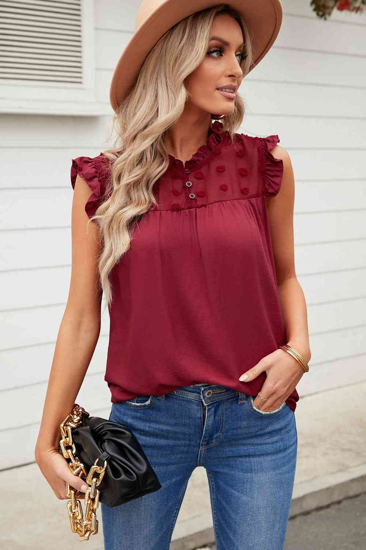 Swiss Dot Buttoned Ruffle Trim Tank | 1mrk.com