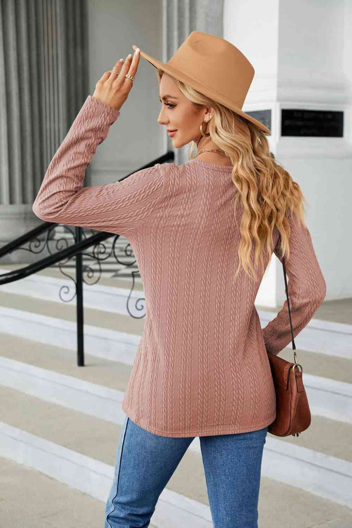 Cable-Knit Long Sleeve V-Neck T-Shirt | 1mrk.com