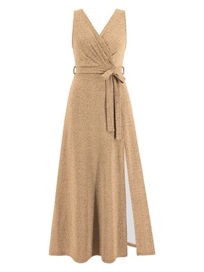 Slit Surplice Tie Waist Sleeveless Dress |1mrk.com