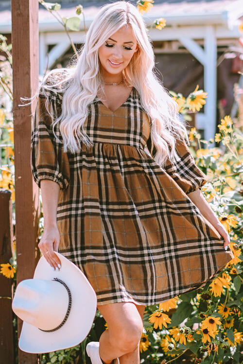 Plaid V-Neck Balloon Sleeve Dress |1mrk.com