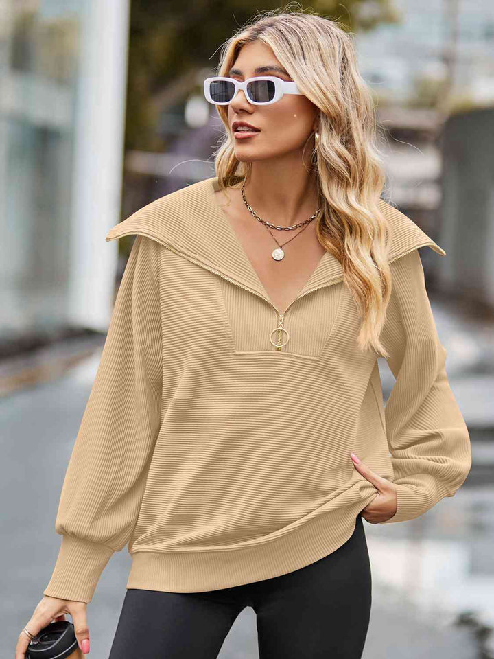 Half Zip Collared Neck Long Sleeve Sweatshirt |1mrk.com