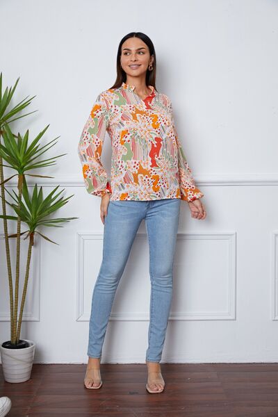 Floral Frill Notched Long Sleeve Blouse | 1mrk.com