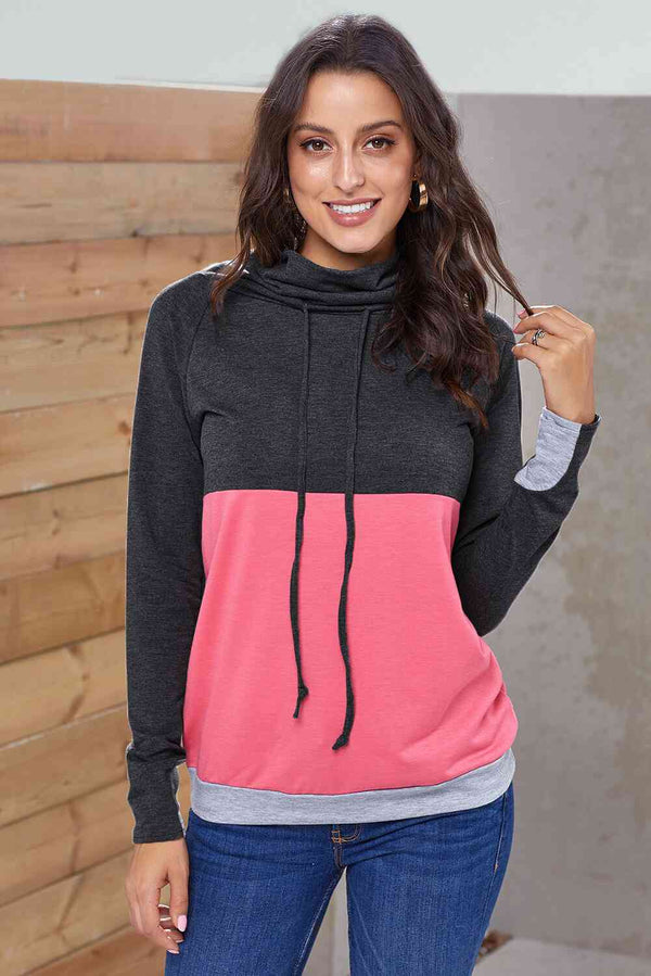 Color Block Raglan Sleeve Drawstring Sweatshirt |1mrk.com