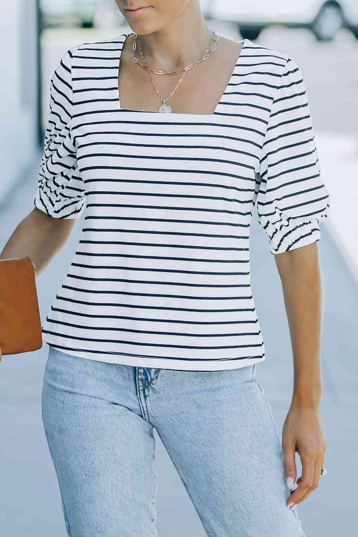 Striped Half Puff Sleeve Square Neck T-Shirt | 1mrk.com