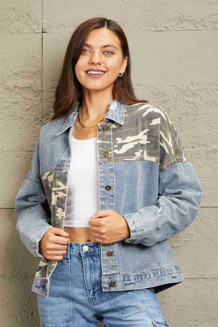 GeeGee Full Size Washed Denim Camo Contrast Jacket | 1mrk.com