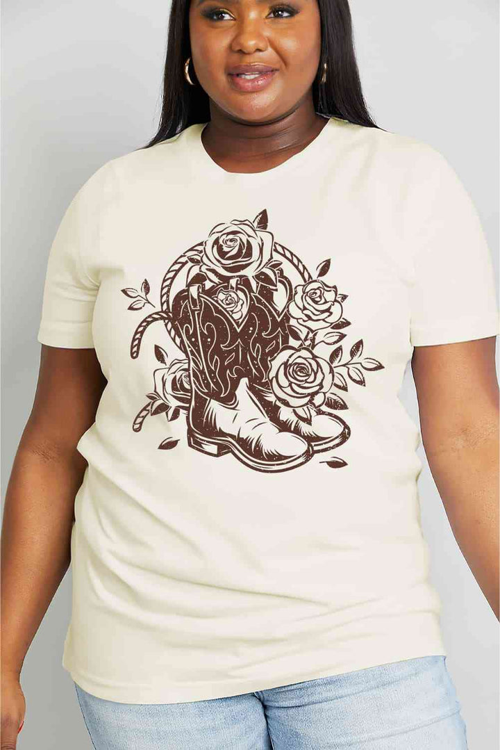 Simply Love Full Size Cowboy Boots Flower Graphic Cotton Tee | 1mrk.com
