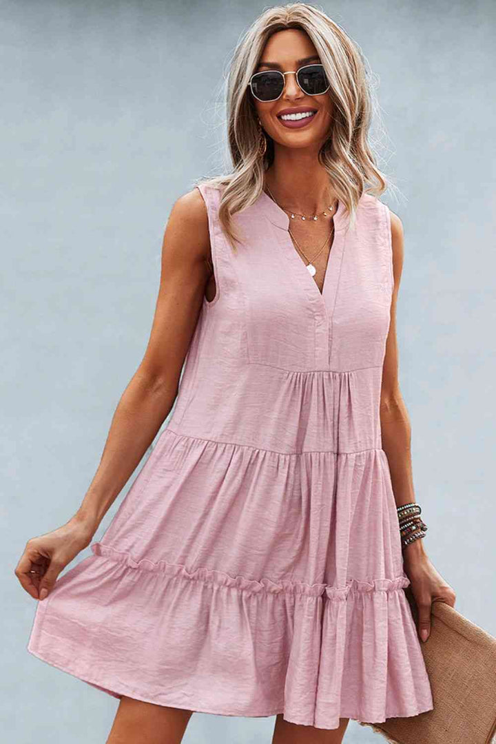 Frill Trim Notched Sleeveless Tiered Dress |1mrk.com