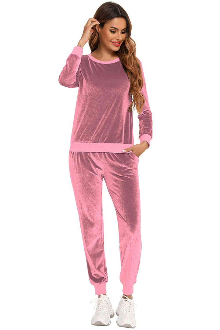 Round Neck Long Sleeve Loungewear Set with Pockets | 1mrk.com