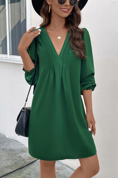 Ruched V-Neck Flounce Sleeve Dress |1mrk.com