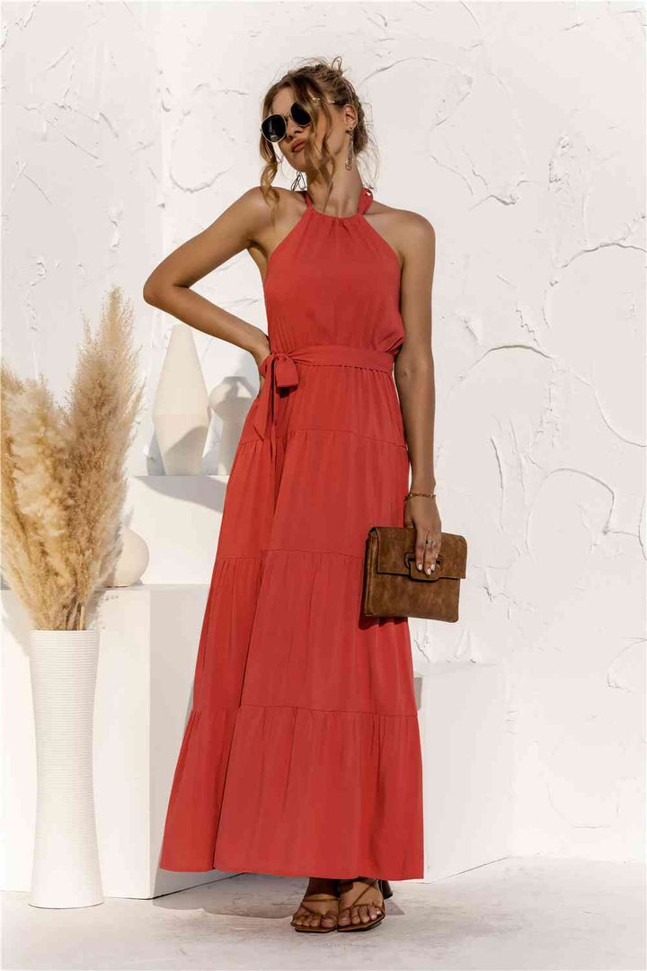 Halter Neck Tie Waist Tiered Maxi Dress |1mrk.com