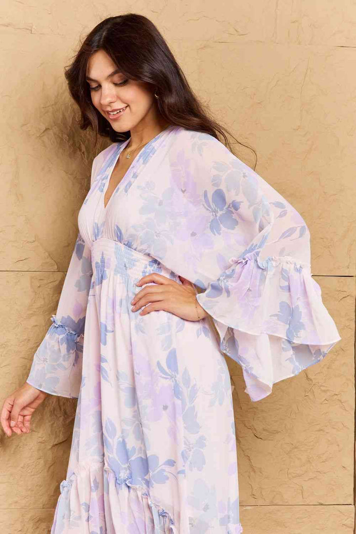 OneTheLand Take Me With You Floral Bell Sleeve Midi Dress in Blue | 1mrk.com