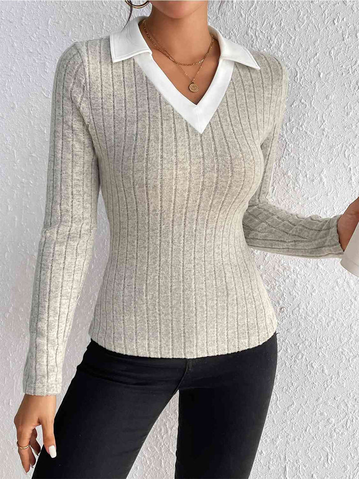 Ribbed Johnny Collar Long Sleeve Blouse |1mrk.com