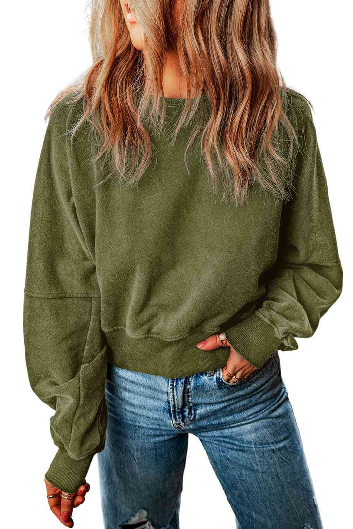 Double Take Round Neck Open Back Sweatshirt |1mrk.com