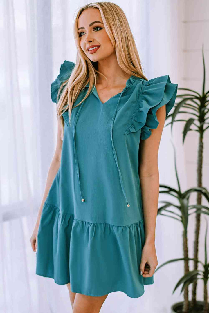 Ruffle Shoulder Tie-Neck Tiered Dress |1mrk.com