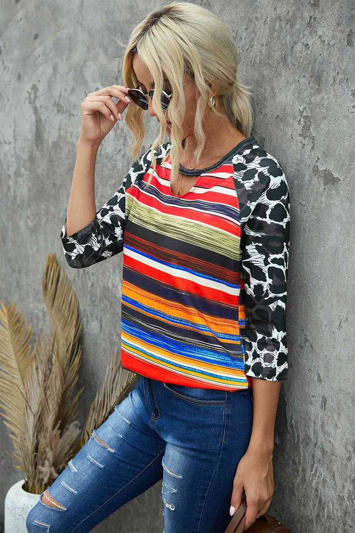 Mixed Print Cutout Three-Quarter Sleeve Top | 1mrk.com