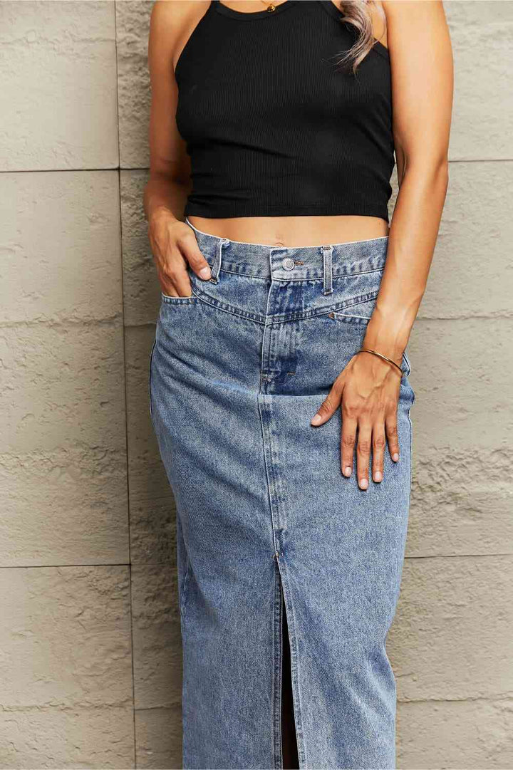 Front Slit Maxi Denim Skirt |1mrk.com