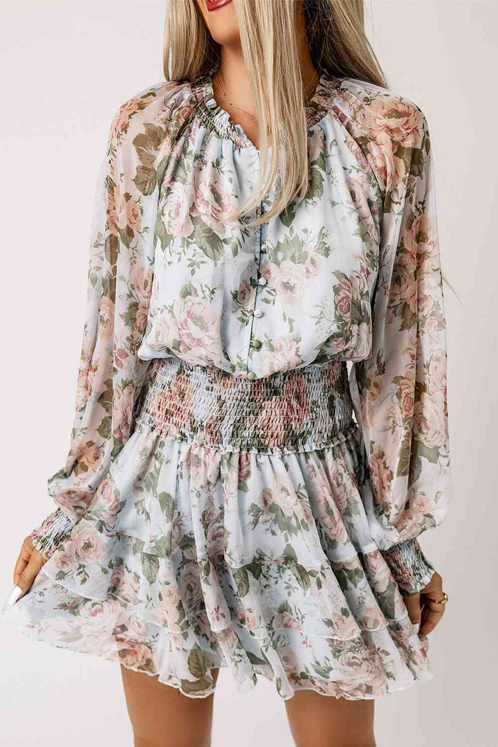 Floral Smocked Waist Layered Mini Dress |1mrk.com