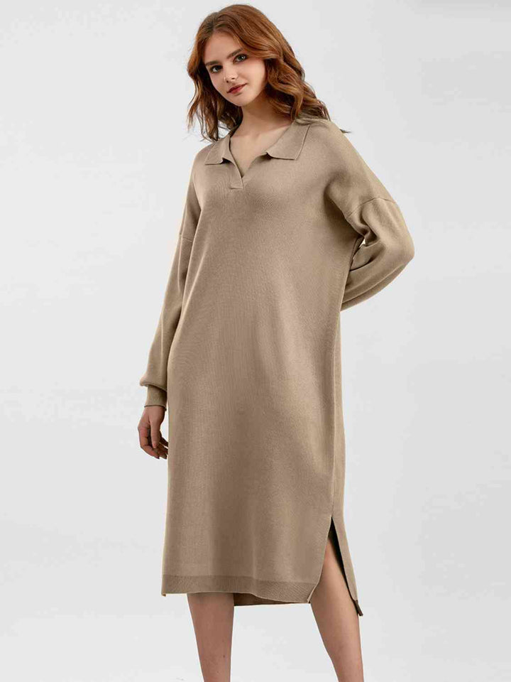 Johnny Collar Long Sleeve Slit Sweater Dress |1mrk.com