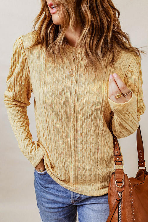 Cable-Knit Round Neck Long Sleeve Blouse | 1mrk.com