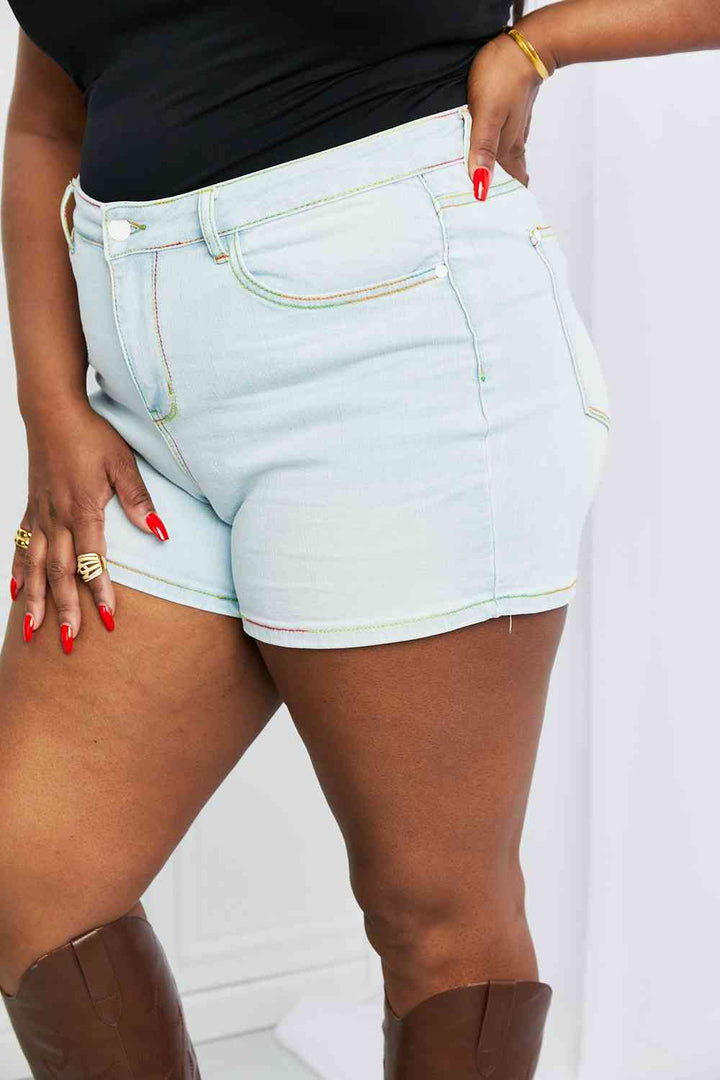 Judy Blue Full Size Contrast Stitching Denim Shorts with Pockets | 1mrk.com