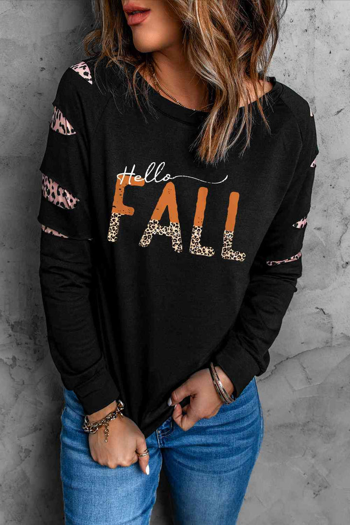 Double Take Leopard Long Sleeve Round Neck HELLO FALL Graphic Sweatshirt |1mrk.com