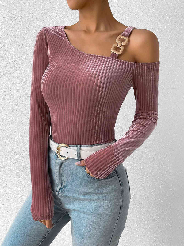 Ribbed Long Sleeve Asymmetrical Blouse | 1mrk.com