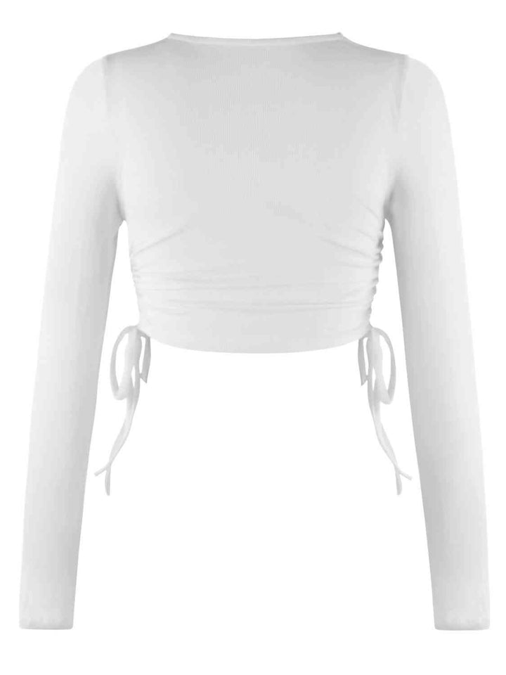 Drawstring Round Neck Long Sleeve Top | 1mrk.com