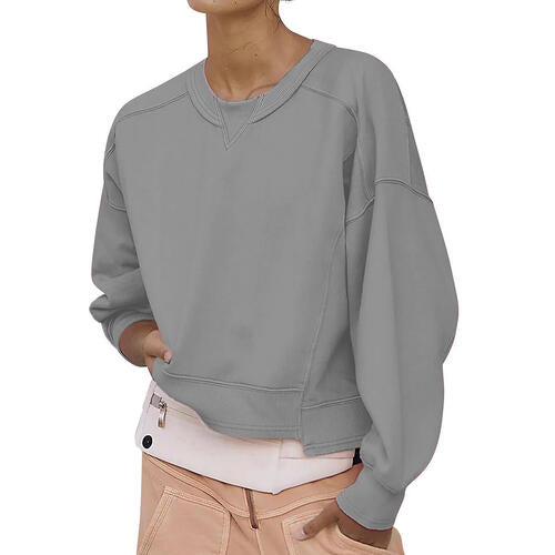 Round Neck Drop Shoulder Long Sleeve Sweatshirt |1mrk.com