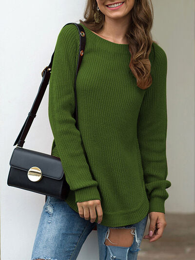 Slit Round Neck Long Sleeve Sweater |1mrk.com