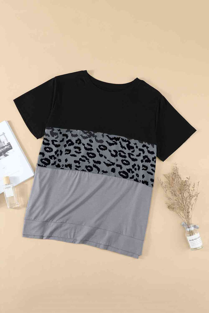 Plus Size Leopard Color Block T-Shirt | 1mrk.com