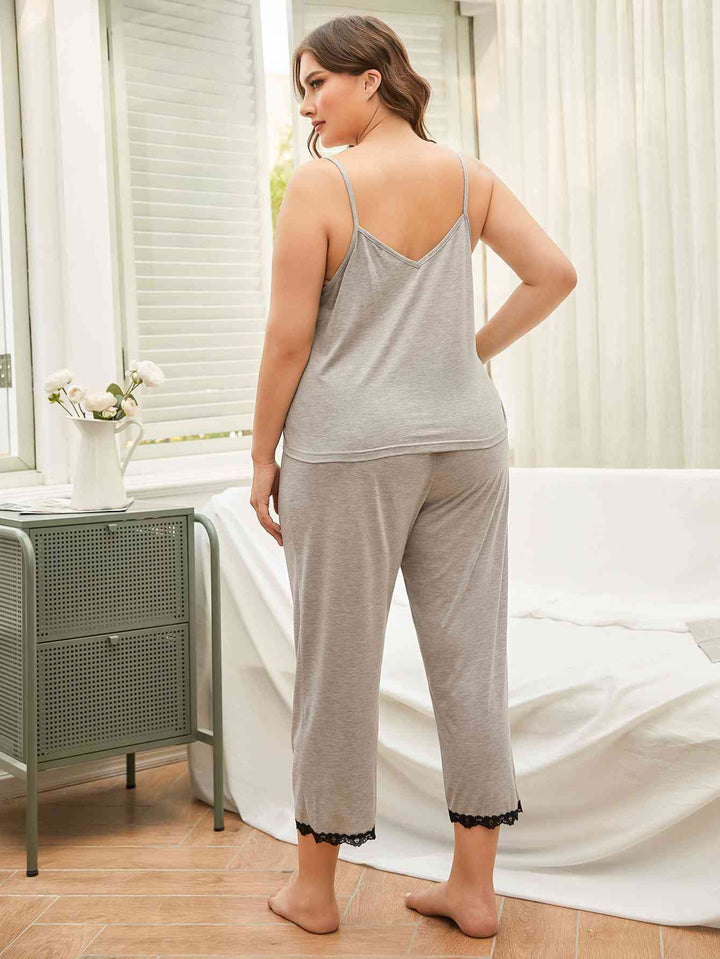 Plus Size Lace Trim Slit Cami and Pants Pajama Set | 1mrk.com