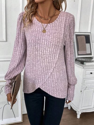 Ribbed Round Neck Long Sleeve Knit Top |1mrk.com