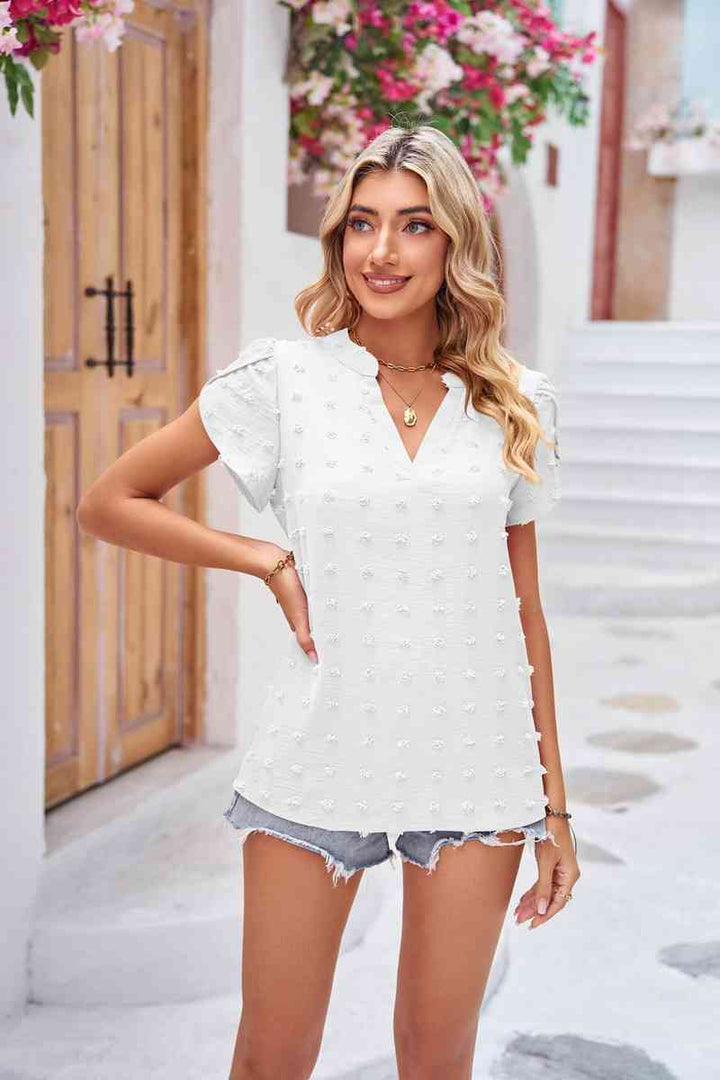 Swiss Dot Petal Sleeve Notched Top | 1mrk.com