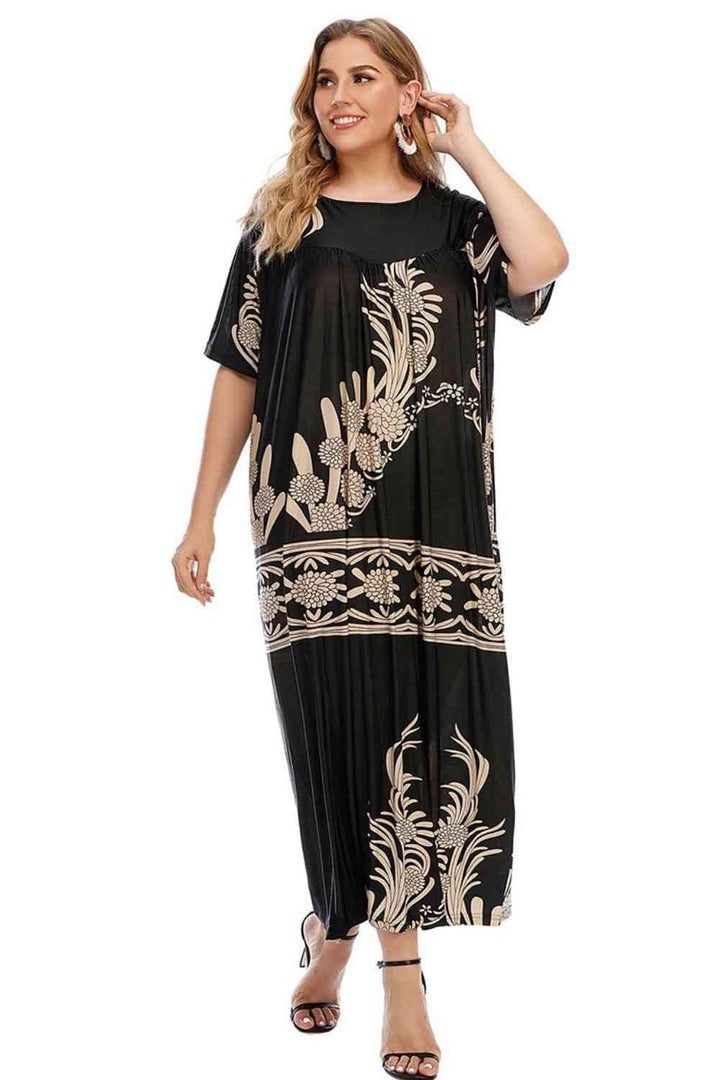 Plus Size Floral Round Neck Half Sleeve Maxi Dress |1mrk.com