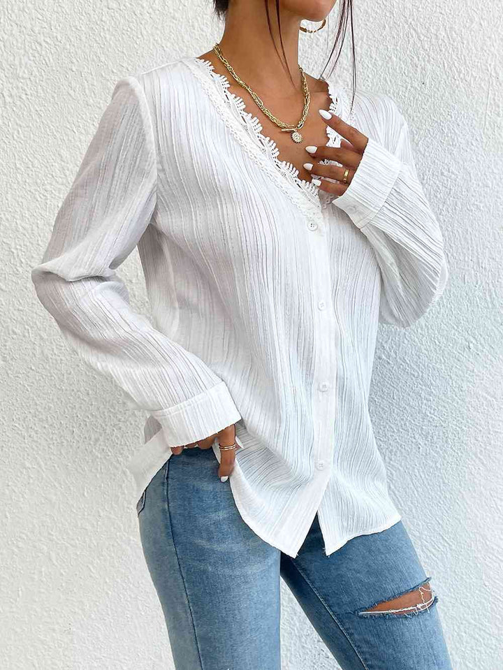 Lace Trim V-Neck Long Sleeve Shirt |1mrk.com