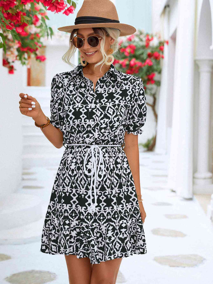 Printed Tie Waist Collared Flounce Sleeve Dress |1mrk.com