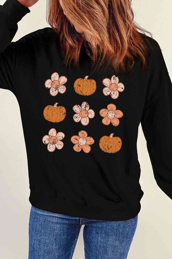 Simply Love Round Neck Long Sleeve Pumpkin & Flower Graphic Sweatshirt |1mrk.com