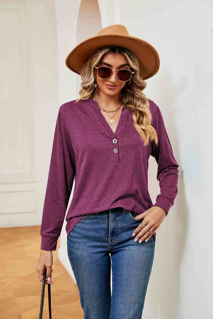 Buttoned Notched Neck Long Sleeve Top | 1mrk.com